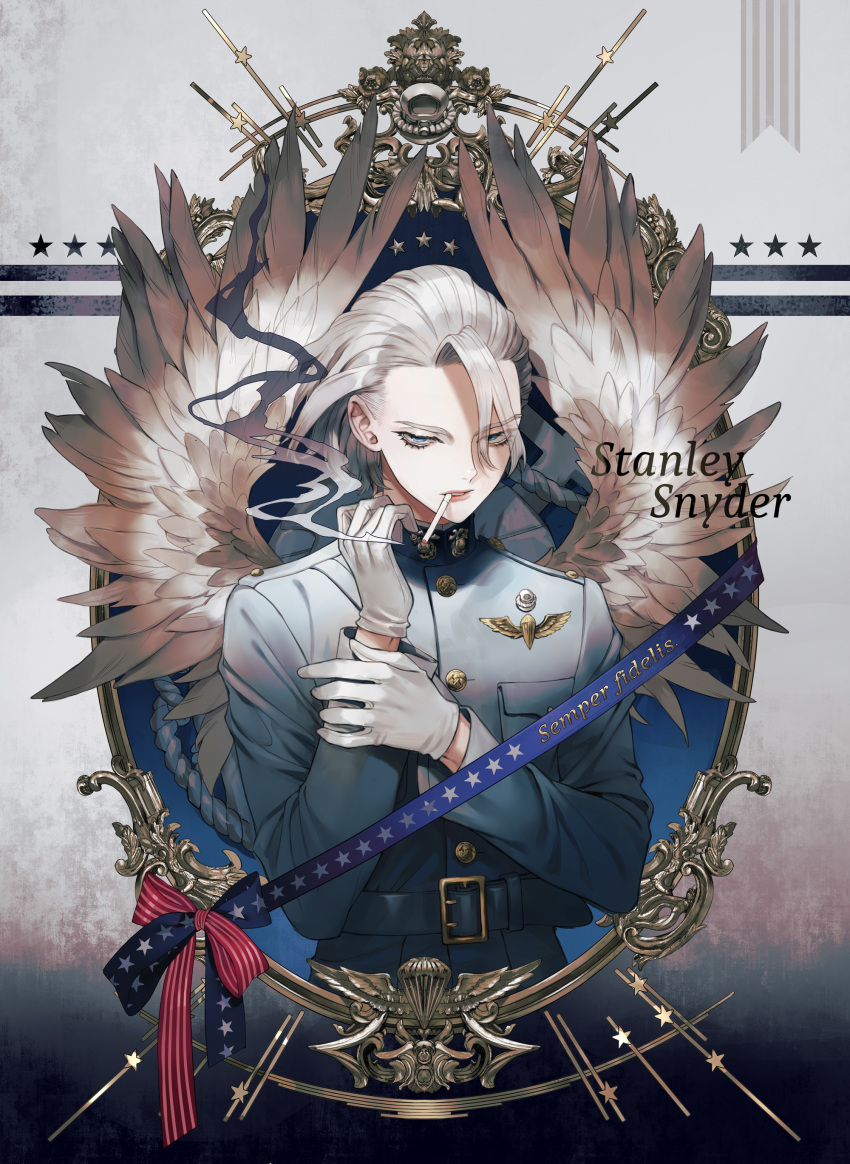 1boy absurdres blue_eyes buttons cigarette commentary_request copyright_name cross dr._stone feathered_wings formal gloves grey_background highres hs2 jacket long_sleeves male_focus medal military military_uniform mouth_hold silver_hair smoking solo spoilers stanley_snyder_(dr.stone) star_(symbol) uniform white_gloves wings
