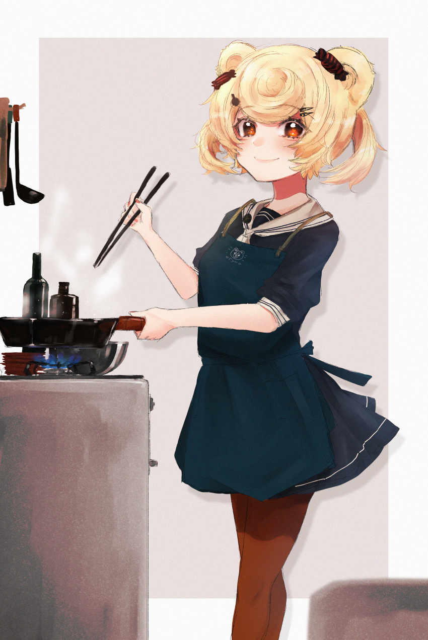 1girl absurdres animal_ears applesyrup14g apron arknights bangs bear_ears black_dress blonde_hair blue_apron bottle brown_legwear candy_hair_ornament chopsticks commentary_request dress drop_shadow eyebrows_visible_through_hair feet_out_of_frame fire flame food_themed_hair_ornament frying_pan gummy_(arknights) hair_ornament highres holding holding_chopsticks holding_frying_pan huge_filesize looking_at_viewer nail_polish pantyhose red_eyes sailor_collar sailor_dress short_dress short_hair short_sleeves smile solo standing steam stove white_sailor_collar