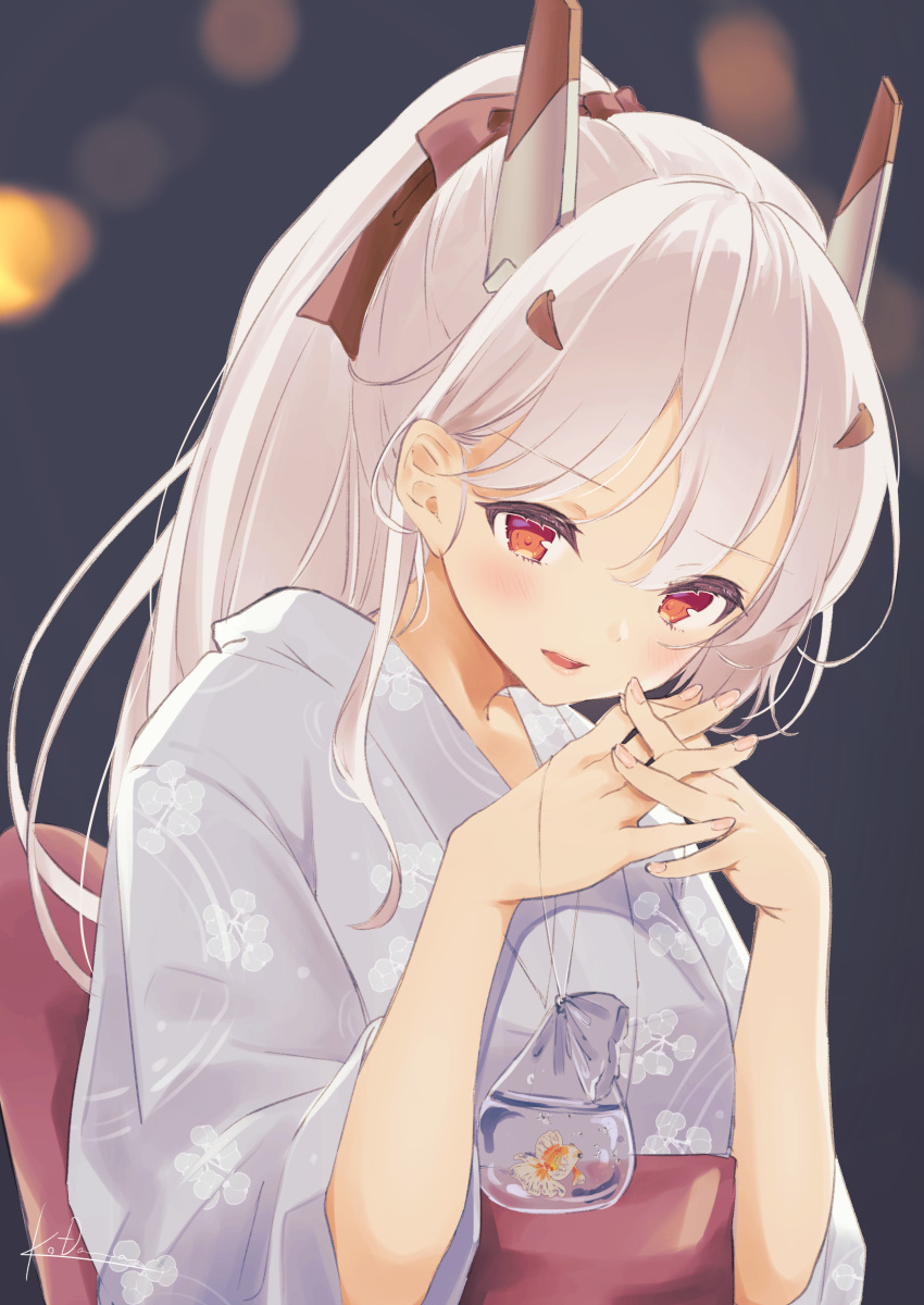 1girl absurdres alternate_costume ayanami_(azur_lane) azur_lane blurry bow commentary_request contemporary depth_of_field goldfish_scooping hair_bow hair_ornament hair_ribbon hairclip hands_clasped head_down headgear highres japanese_clothes kimono kodama_(koda_mat) looking_at_viewer obi open_mouth orange_eyes own_hands_together ponytail ribbon sash short_hair silver_hair solo summer_festival yukata