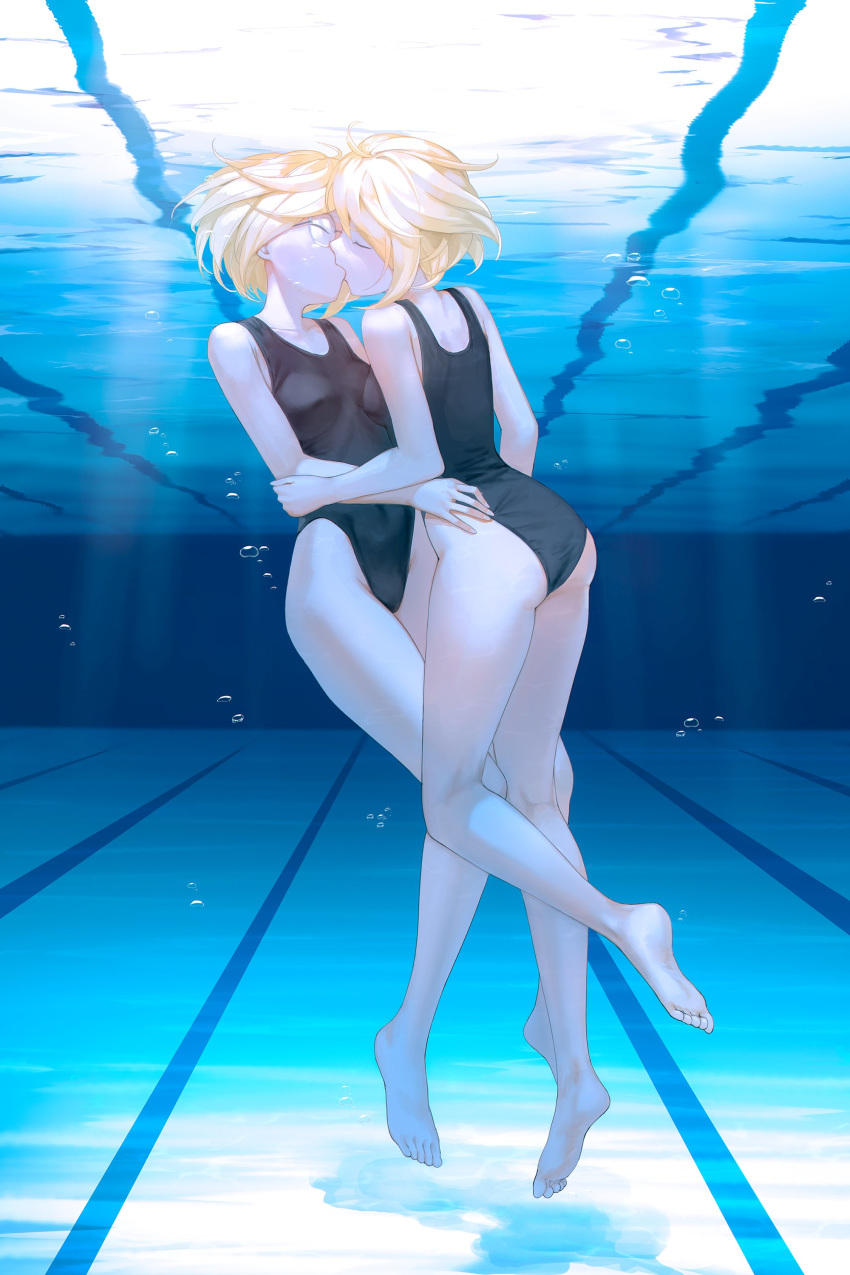 2girls absurdres air_bubble ass backlighting bangs barefoot black_swimsuit blonde_hair breasts bubble closed_eyes commentary commission covered_navel egk513 english_commentary highleg highleg_swimsuit highres kiss multiple_girls one-piece_swimsuit original pool school_swimsuit short_hair small_breasts swimsuit underwater yuri