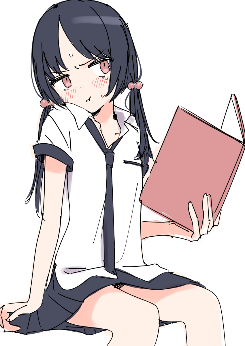 1girl :t absurdres bangs black_hair black_neckwear black_skirt blush book closed_mouth collared_shirt eyebrows_visible_through_hair feet_out_of_frame highres holding holding_book long_hair looking_away low_twintails necktie omucchan_(omutyuan) open_book original parted_bangs pleated_skirt pout red_eyes shirt short_sleeves simple_background sitting skirt solo sweat tears twintails v-shaped_eyebrows white_background white_shirt