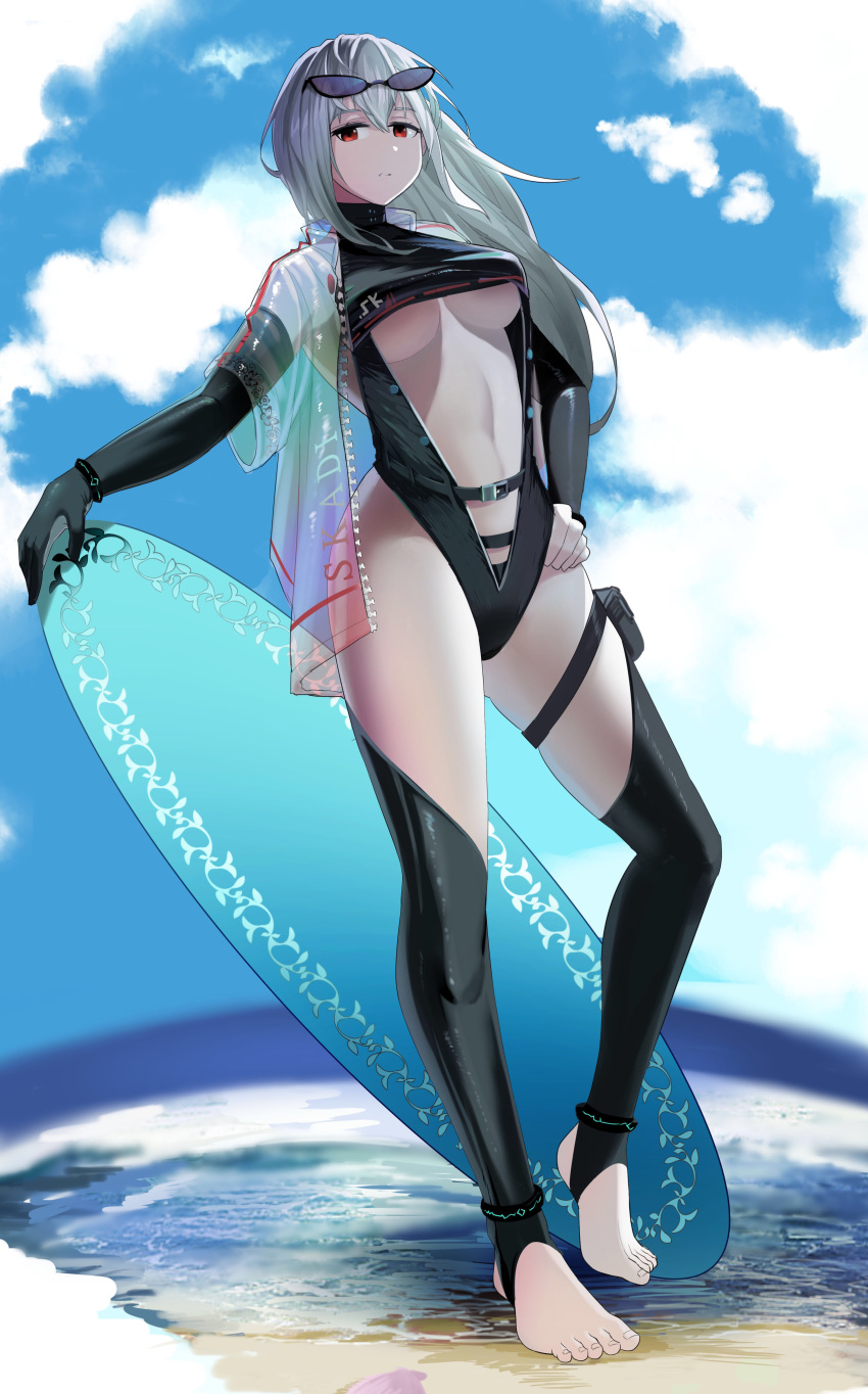 1040884929 1girl absurdres anklet arknights bangs black_gloves black_legwear black_swimsuit breasts center_opening eyewear_on_head fingerless_gloves full_body gloves hair_between_eyes hand_on_hip highres jacket jewelry large_breasts long_hair looking_at_viewer parted_lips red_eyes see-through silver_hair single_fingerless_glove skadi_(arknights) skindentation solo stomach sunglasses swimsuit thighs under_boob very_long_hair