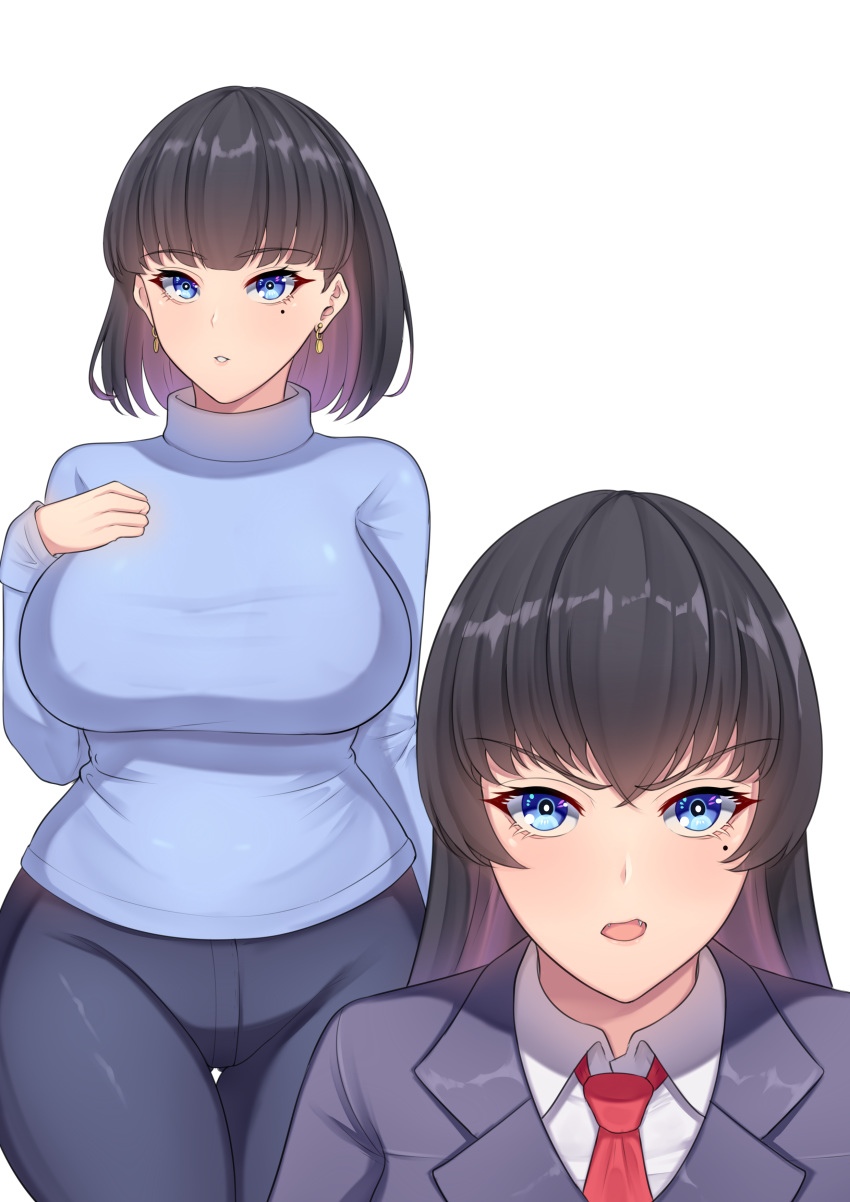 2girls absurdres band-width bangs black_hair blazer blue_eyes blue_pants blue_sweater blunt_bangs blush breasts collared_shirt curvy earrings eyebrows_visible_through_hair hand_on_own_chest highres jacket jewelry large_breasts mole mole_under_eye mother_and_daughter multiple_girls open_mouth original pants red_neckwear shirt short_hair standing sweater turtleneck white_shirt