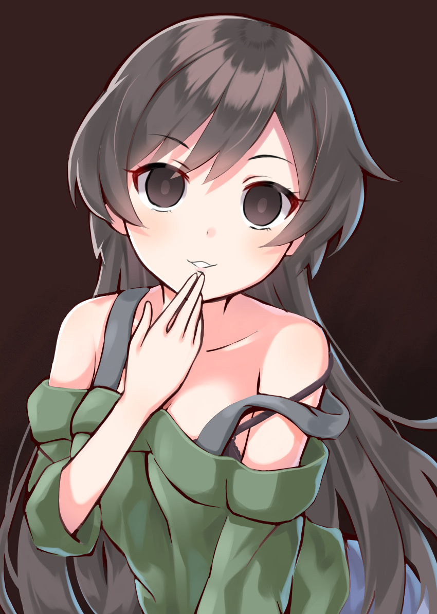 1girl absurdres bangs black_background black_bra blush bra brown_eyes brown_hair collarbone empty_eyes eyebrows_visible_through_hair finger_to_mouth green_sweater hair_between_eyes highres long_hair looking_at_viewer matsumoto_kouko off-shoulder_shirt off_shoulder open_mouth shirt short_sleeves simple_background solo sweater underwear usagi_koushaku very_long_hair watashi_ni_tenshi_ga_maiorita!