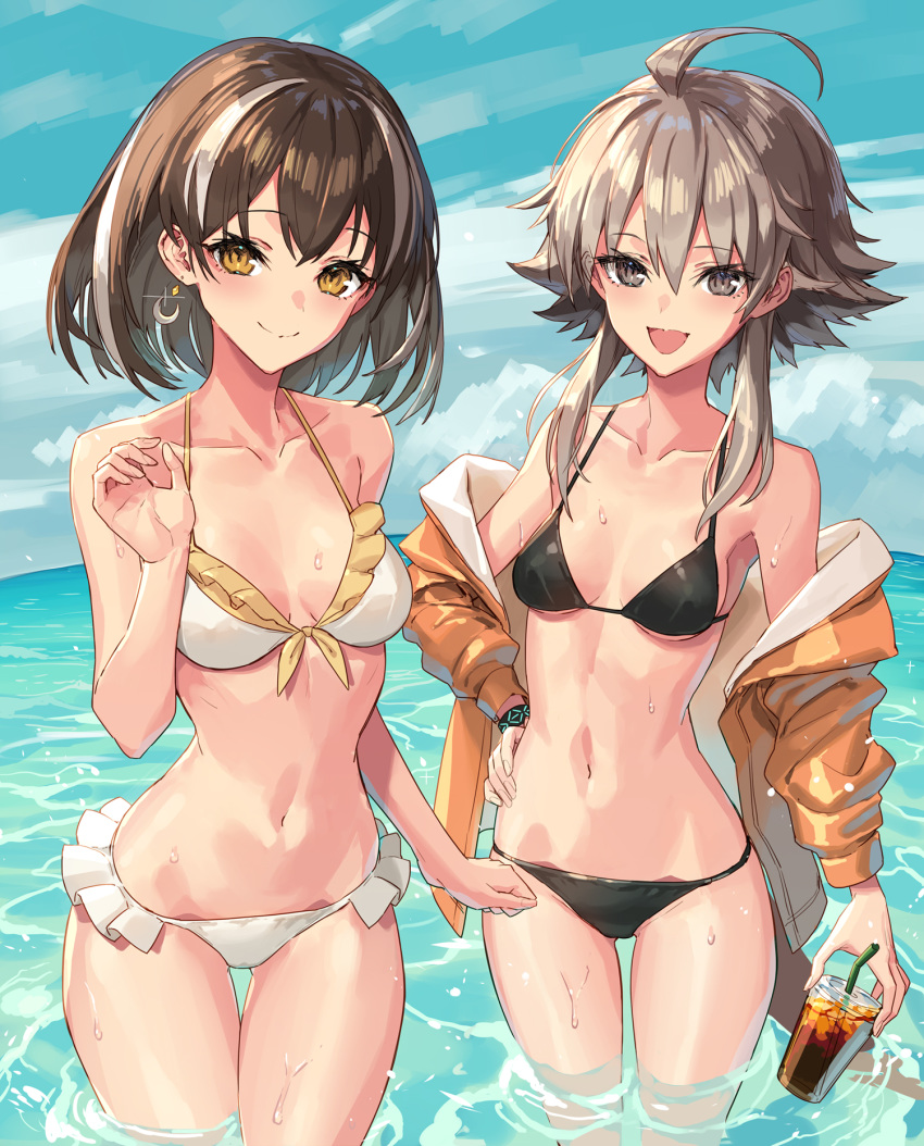 2girls :d ahoge arknights bangs bare_arms bare_shoulders bikini black_bikini black_hair blue_sky breasts clouds collarbone commentary_request cowboy_shot cup day disposable_cup drinking_straw front-tie_bikini front-tie_top grey_eyes grey_hair highres holding holding_cup jacket looking_at_viewer magallan_(arknights) mayer_(arknights) medium_breasts multicolored_hair multiple_girls navel off_shoulder open_clothes open_jacket open_mouth orange_jacket outdoors short_hair short_hair_with_long_locks sigm@ sky smile standing stomach streaked_hair swimsuit thighs wading water white_bikini white_hair yellow_eyes