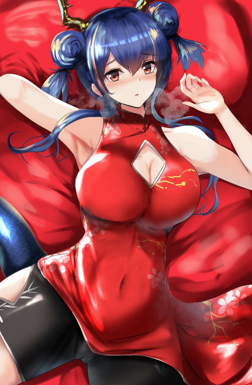 1girl absurdres alternate_costume arknights armpits bangs bare_shoulders blue_hair blush breasts ch'en_(arknights) china_dress chinese_clothes covered_navel double_bun dragon_horns dragon_tail dress hair_between_eyes highres horns large_breasts long_hair looking_at_viewer lying on_back parted_lips red_dress red_eyes short_shorts shorts sidelocks sleeveless solo tail take_(trude1945oneetyan)