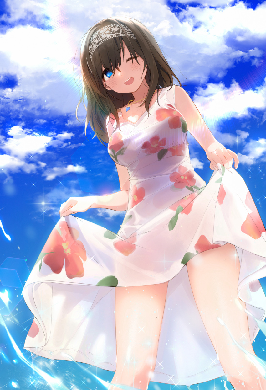 1girl bangs black_hair blue_eyes blue_sky blush breasts clouds day dress floral_print fpanda from_below hairband highres idolmaster idolmaster_cinderella_girls jewelry large_breasts long_hair looking_at_viewer necklace ocean one_eye_closed open_mouth outdoors round_teeth sagisawa_fumika skirt_hold sky sleeveless smile solo teeth wading white_dress