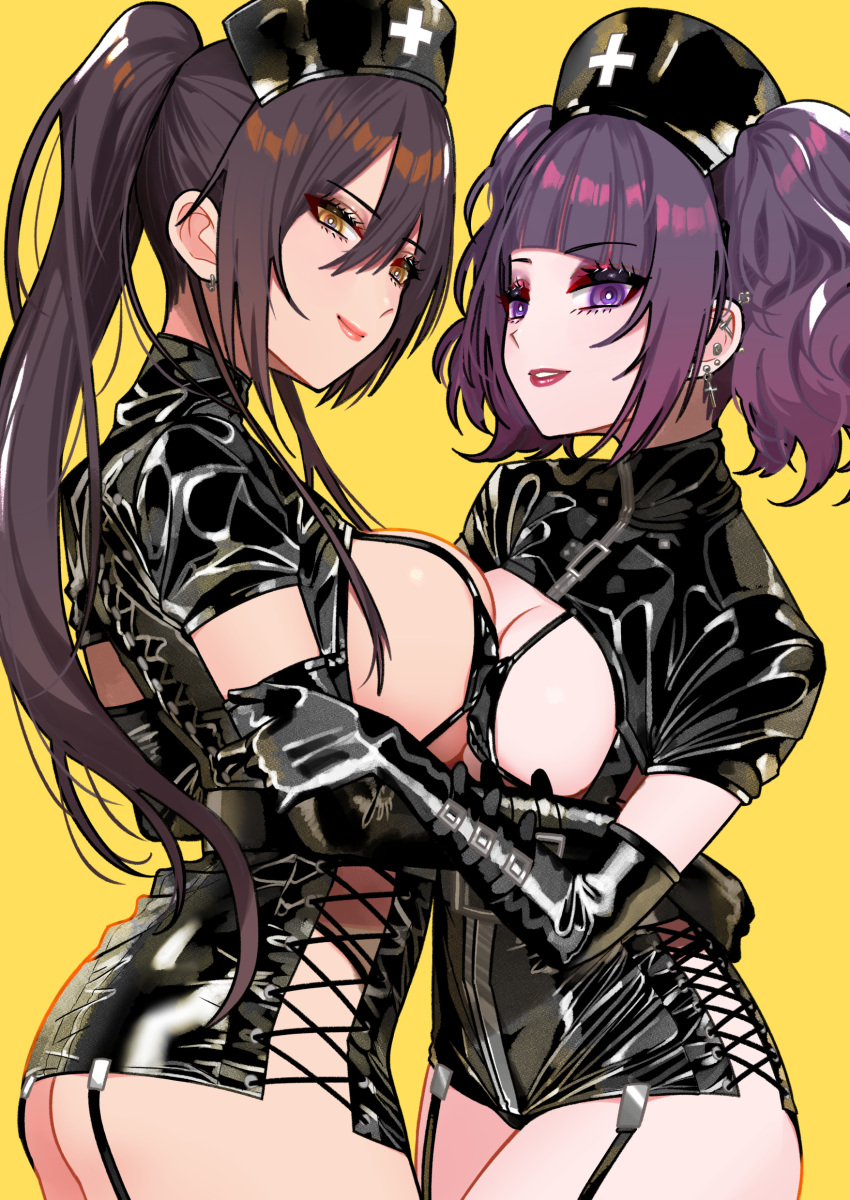 2girls absurdres ass asymmetrical_docking bangs black_gloves black_hair breast_press breasts center_opening commentary_request corset cowboy_shot cross cross-laced_clothes cross_earrings diagonal_bangs ear_piercing earrings elbow_gloves garter_straps gloves hair_between_eyes high_ponytail highres idolmaster idolmaster_shiny_colors jewelry large_breasts latex looking_at_viewer looking_to_the_side maid_headdress makeup maou_(demonlord) medium_breasts multiple_girls piercing ponytail purple_hair shiny shirase_sakuya short_sleeves sideboob sidelocks smile tanaka_mamimi violet_eyes yellow_background yellow_eyes