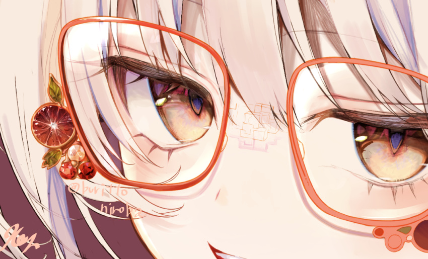 1girl artist_name close-up eyelashes eyes face food glasses hair_between_eyes kouyafu looking_at_viewer original short_hair signature simple_background smile solo teeth white_hair yellow_eyes