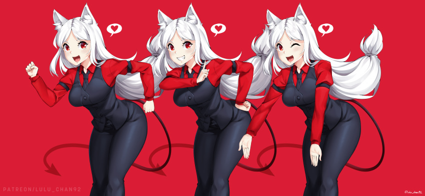 3girls animal_ear_fluff animal_ears arm_garter artist_name bangs black_neckwear black_pants breasts cerberus cerberus_(helltaker) collared_shirt commentary demon_girl demon_tail dog_ears dog_girl fang feet_out_of_frame floating_hair grin hand_up heart helltaker highres leaning_forward long_hair long_sleeves looking_at_viewer low-tied_long_hair lulu-chan92 medium_breasts multiple_girls necktie one_eye_closed open_mouth outstretched_arms pants parted_bangs red_background red_eyes red_shirt shirt simple_background smile spoken_heart standing tail triplets waistcoat white_hair