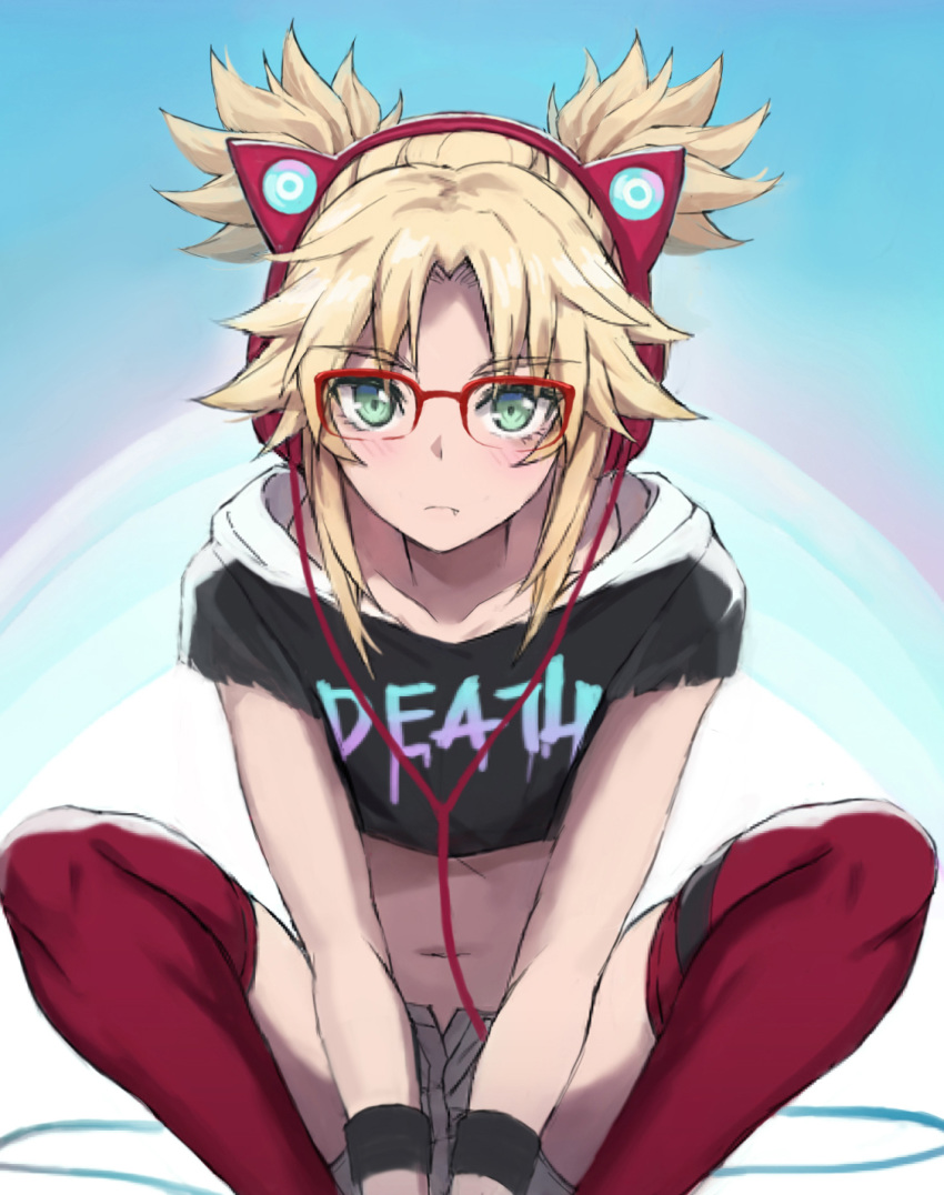 1girl bangs black_shirt blonde_hair blush braid breasts cat_ear_headphones closed_mouth clothes_writing crop_top fate/apocrypha fate_(series) french_braid glasses green_eyes grey_shorts hair_ornament hair_scrunchie headphones highres long_hair looking_at_viewer midriff mordred_(fate) mordred_(fate)_(all) navel parted_bangs red_legwear red_scrunchie scrunchie shirt short_sleeves shorts sidelocks small_breasts squatting tonee twintails