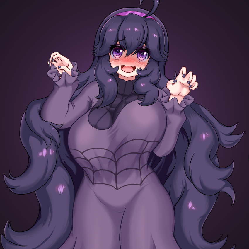 1girl absurdres ahoge alternate_breast_size bangs black_hair black_nails blush breasts claw_pose commentary dress english_commentary eyelashes hairband hex_maniac_(pokemon) highres long_hair long_sleeves looking_at_viewer messy_hair mud_(artist) nail_polish open_mouth pokemon pokemon_(game) pokemon_xy purple_hairband shiny shiny_hair solo tongue very_long_hair violet_eyes