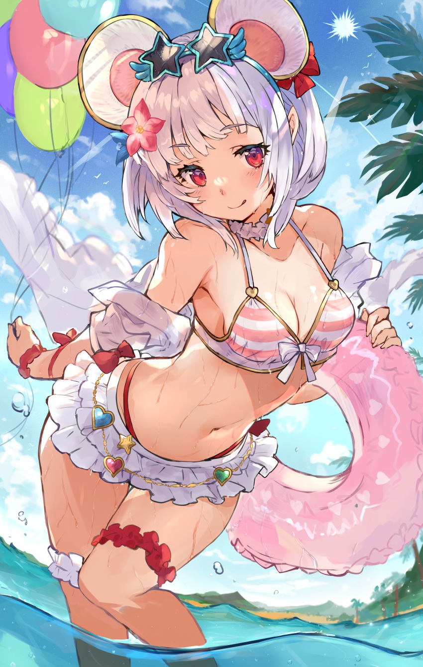 1girl absurdres abusoru animal_ears bow eyebrows_visible_through_hair fake_animal_ears flower granblue_fantasy hair_flower hair_ornament highres looking_at_viewer mouse_ears red_eyes skirt star-shaped_eyewear vikala_(granblue_fantasy) white_hair white_skirt