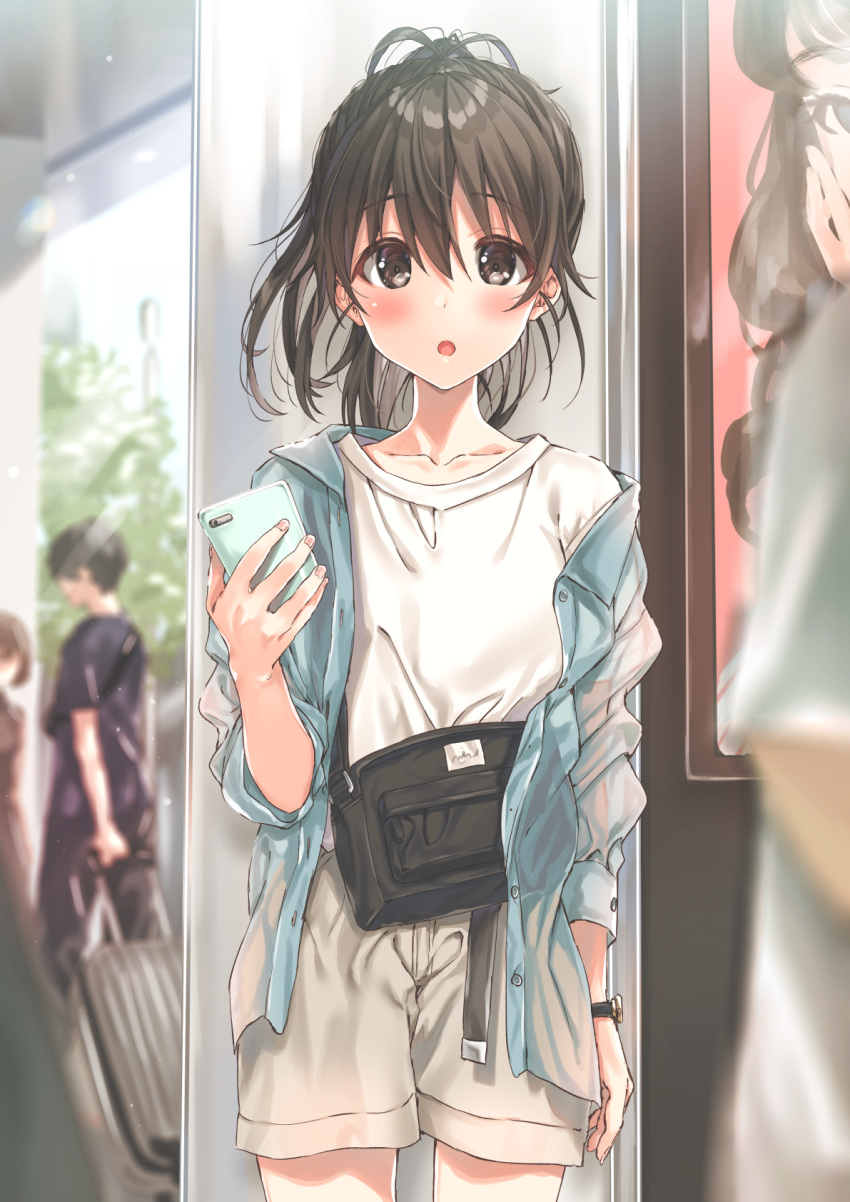 1girl :o bag beige_shorts blue_jacket blurry blurry_background blush brown_eyes brown_hair casual cellphone collarbone depth_of_field highres holding holding_phone indoors jacket kukiha looking_at_viewer off-shoulder_jacket open_clothes open_jacket open_mouth original phone ponytail rolling_suitcase shirt shoulder_strap smartphone standing watch watch white_shirt