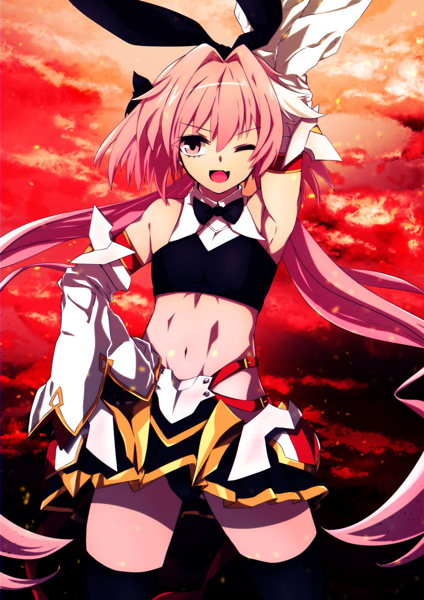1boy abs absurdres arm_up armpits astolfo_(fate) astolfo_(saber)_(fate) bangs bare_shoulders black_bow black_gloves black_legwear black_neckwear black_panties black_ribbon black_skirt blush bow bowtie crop_top detached_sleeves elbow_gloves fang fate/grand_order fate_(series) faulds gloves gradient_sky hair_bow hair_intakes harii_(janib5kc) highres long_hair looking_at_viewer low_twintails multicolored_hair navel open_mouth orange_sky otoko_no_ko panties pink_hair ribbon skin_fang skirt sky smile streaked_hair thigh-highs thighs twilight twintails underwear violet_eyes white_hair wide_sleeves wing_collar