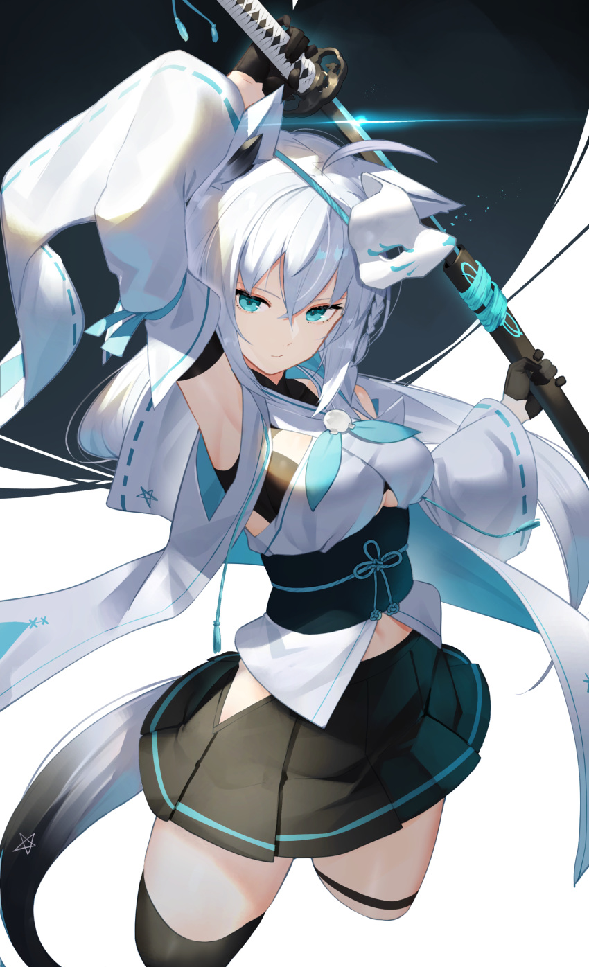 1girl absurdres animal_ears arm_up armpits bangs black_gloves black_skirt blue_eyes blue_neckwear breasts closed_mouth commentary_request cropped_legs eyebrows_visible_through_hair fox_ears fox_girl fox_mask fox_tail gloves hair_between_eyes half_gloves highres holding holding_sheath holding_sword holding_weapon hololive katana long_hair long_sleeves looking_at_viewer mask mask_on_head medium_breasts neckerchief pleated_skirt ribbon-trimmed_sleeves ribbon_trim sheath shirakami_fubuki silver_hair skirt solo standing sukocchi sword tail thigh_strap unsheathing virtual_youtuber weapon white_background wide_sleeves