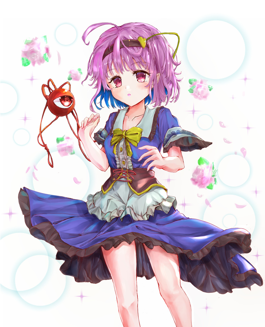 1girl :o absurdres ahoge alternate_costume apron arms_up bangs blue_dress bow bowtie breasts collarbone cropped_legs dress eyebrows_visible_through_hair feet_out_of_frame floating_clothes floral_background flower frilled_sleeves frills hair_ornament hairband heart heart_hair_ornament highres ikazuchi_akira komeiji_satori looking_at_viewer petals petticoat pink_flower pink_rose pointy_ears puffy_short_sleeves puffy_sleeves purple_hair rose short_hair short_sleeves small_breasts solo standing third_eye touhou underbust violet_eyes waist_apron wide_sleeves yellow_neckwear