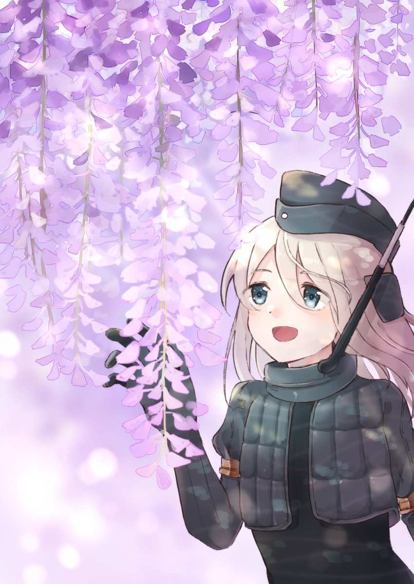 1girl blue_eyes commentary_request cropped_jacket eyebrows_visible_through_hair flower garrison_cap hat highres kantai_collection long_hair long_sleeves military military_uniform open_mouth puffy_long_sleeves puffy_sleeves purple_background smile solo u-511_(kantai_collection) u_yuz_xx uniform upper_body wisteria