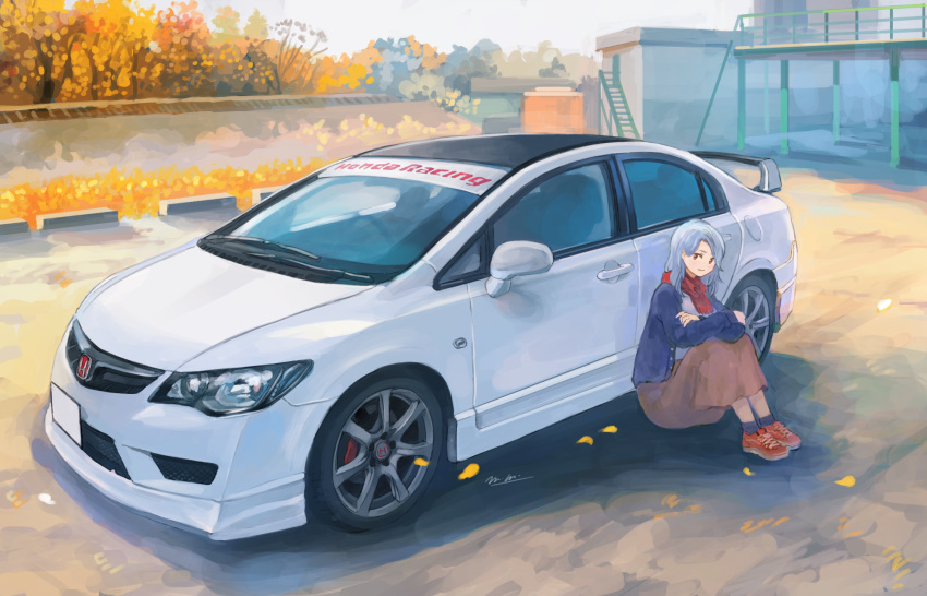 1girl car crossed_arms ground_vehicle highres honda honda_civic looking_to_the_side momo_hiki motor_vehicle original personification red_eyes red_scarf scarf sitting sitting_on_ground spoiler_(automobile) vehicle_focus white_hair