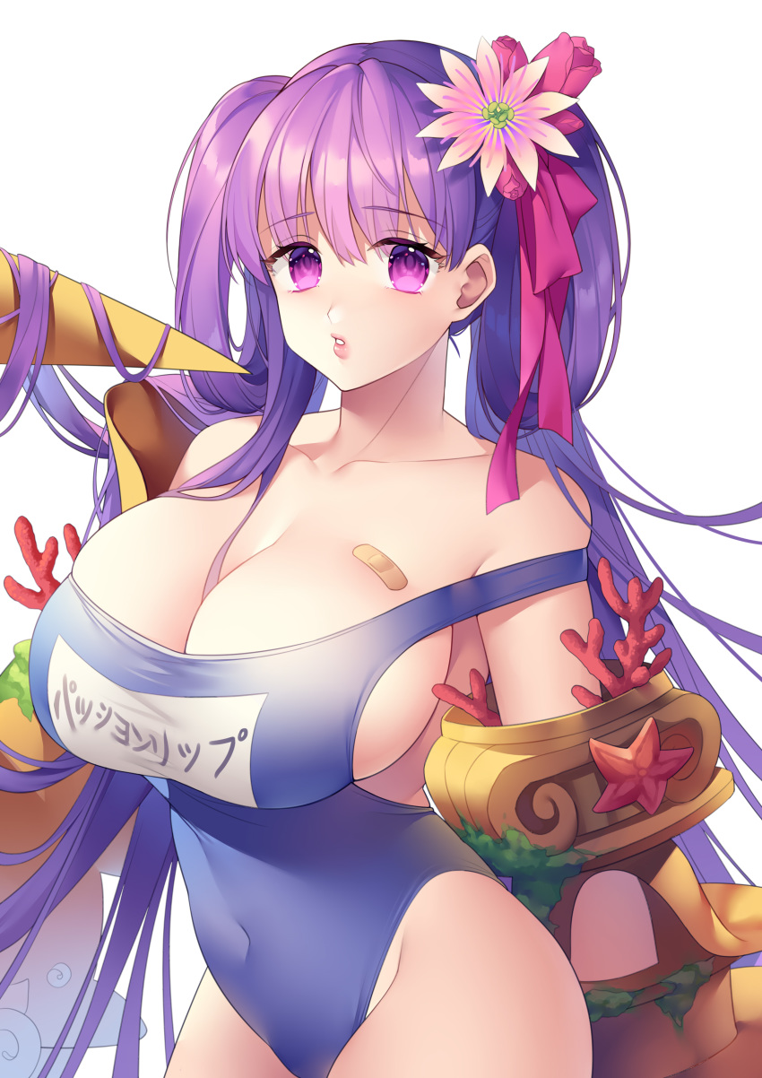 1girl absurdres alternate_costume alternate_hairstyle bandaid bandaid_on_breast blue_swimsuit breasts claw_(weapon) collarbone covered_navel fate/grand_order fate_(series) flower hair_flower hair_ornament hair_ribbon highres huge_breasts may_(2747513627) name_tag one-piece_swimsuit passionlip pink_ribbon purple_hair ribbon school_swimsuit solo swimsuit twintails violet_eyes weapon