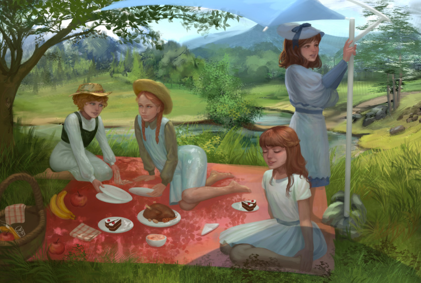 4girls a_little_princess anne_of_green_gables anne_shirley barefoot blanket braid brown_eyes brown_hair cake clouds commission commissioner_upload curly_hair dress english_commentary food fruit grass green_eyes hat heidi lake landscape long_hair mary_lennox mountain multiple_girls outdoors picnic picnic_basket pinafore_dress plate realistic redhead sara_crewe scenery shade shadow short_hair sun_hat the_secret_garden tree tychytamara