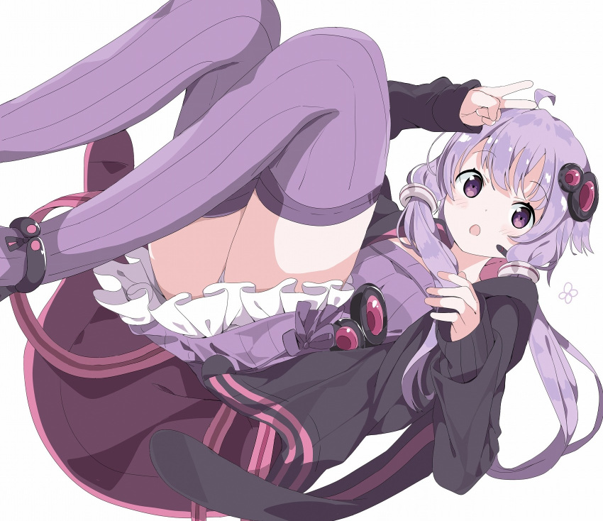 1girl :o ahoge bangs blush dress flat_chest full_body hair_ornament highres hood jacket long_hair long_sleeves looking_at_viewer low_twintails open_mouth panties pantyshot purple_dress purple_hair purple_legwear simple_background sleeves_past_wrists solo striped tantan_men_(dragon) thigh-highs twintails underwear upskirt v violet_eyes vocaloid voiceroid white_background yuzuki_yukari