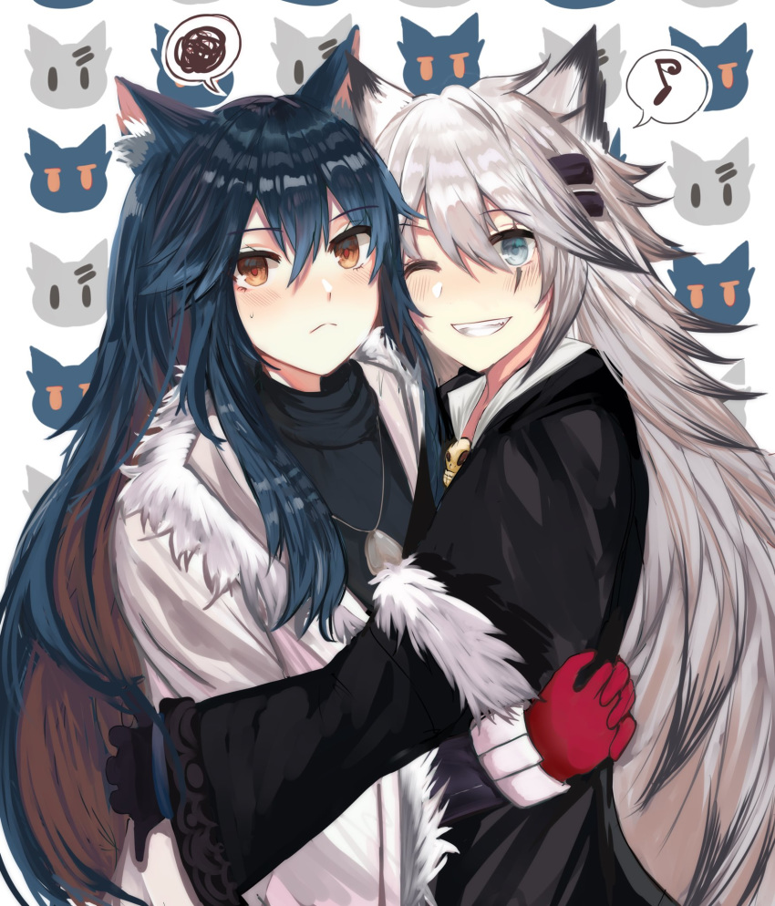 2girls animal_ear_fluff animal_ears arknights bangs black_dress black_hair blue_sela blush brown_eyes commentary dress eyebrows_visible_through_hair fur-trimmed_jacket fur_trim gloves grey_eyes grin hair_between_eyes hair_ornament hairclip highres hug jacket lappland_(arknights) long_hair long_sleeves looking_at_viewer multiple_girls musical_note one_eye_closed open_clothes open_jacket red_gloves silver_hair smile spoken_musical_note spoken_squiggle squiggle texas_(arknights) upper_body very_long_hair white_jacket wide_sleeves wolf_ears