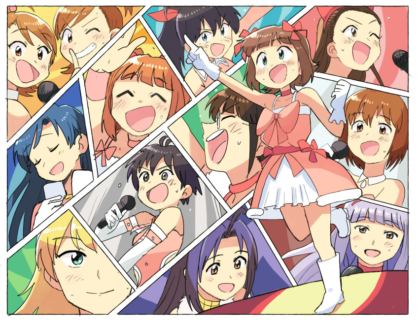 6+girls ahoge akizuki_ritsuko amami_haruka blonde_hair blue_hair boots brown_hair choker closed_mouth dress face forehead full_body futami_ami futami_mami ganaha_hibiki glasses gloves green_eyes hagiwara_yukiho high_five highres holding holding_microphone hoshii_miki idol idolmaster idolmaster_(classic) idolmaster_1 kikuchi_makoto kisaragi_chihaya long_hair microphone minase_iori miura_azusa multiple_girls open_mouth pink_dress pointing portrait red_ribbon ribbon shijou_takane short_hair siblings silver_hair sisters sketch smile sweat takatsuki_yayoi tsubobot twins twintails white_background white_footwear white_gloves