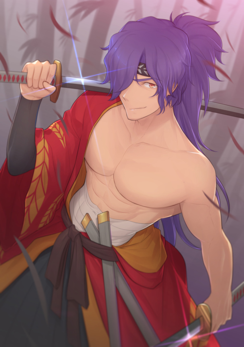 1boy abs absurdres bandages bound chest fate/grand_order fate_(series) headband highres hunterkay male_focus muscle okada_izou_(fate) over_shoulder pectorals ponytail purple_hair shirtless solo sword sword_over_shoulder tied_up weapon weapon_over_shoulder yellow_eyes