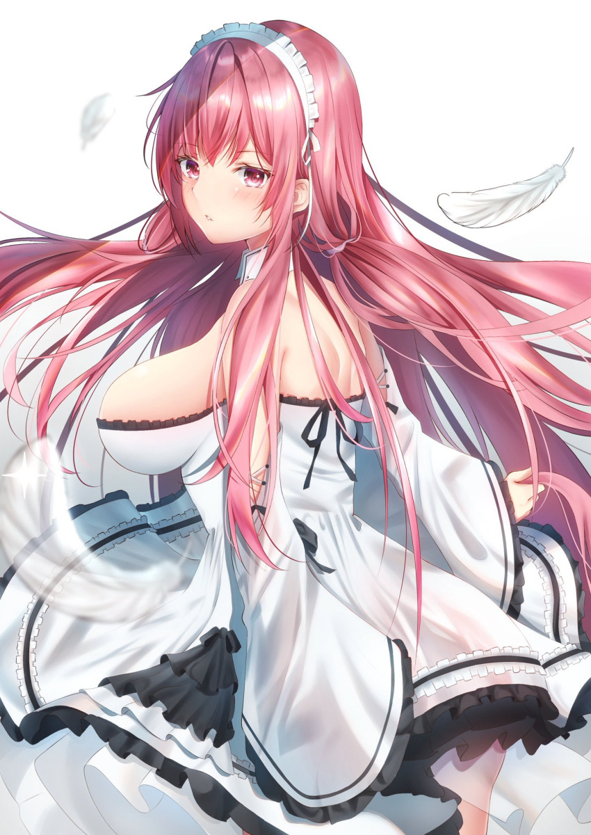 1girl azur_lane bangs blush breasts detached_collar dress feathers frilled_dress frills hair_ornament headdress highres long_hair looking_at_viewer nagi_1907 perseus_(azur_lane) pink_eyes pink_hair simple_background solo twintails very_long_hair