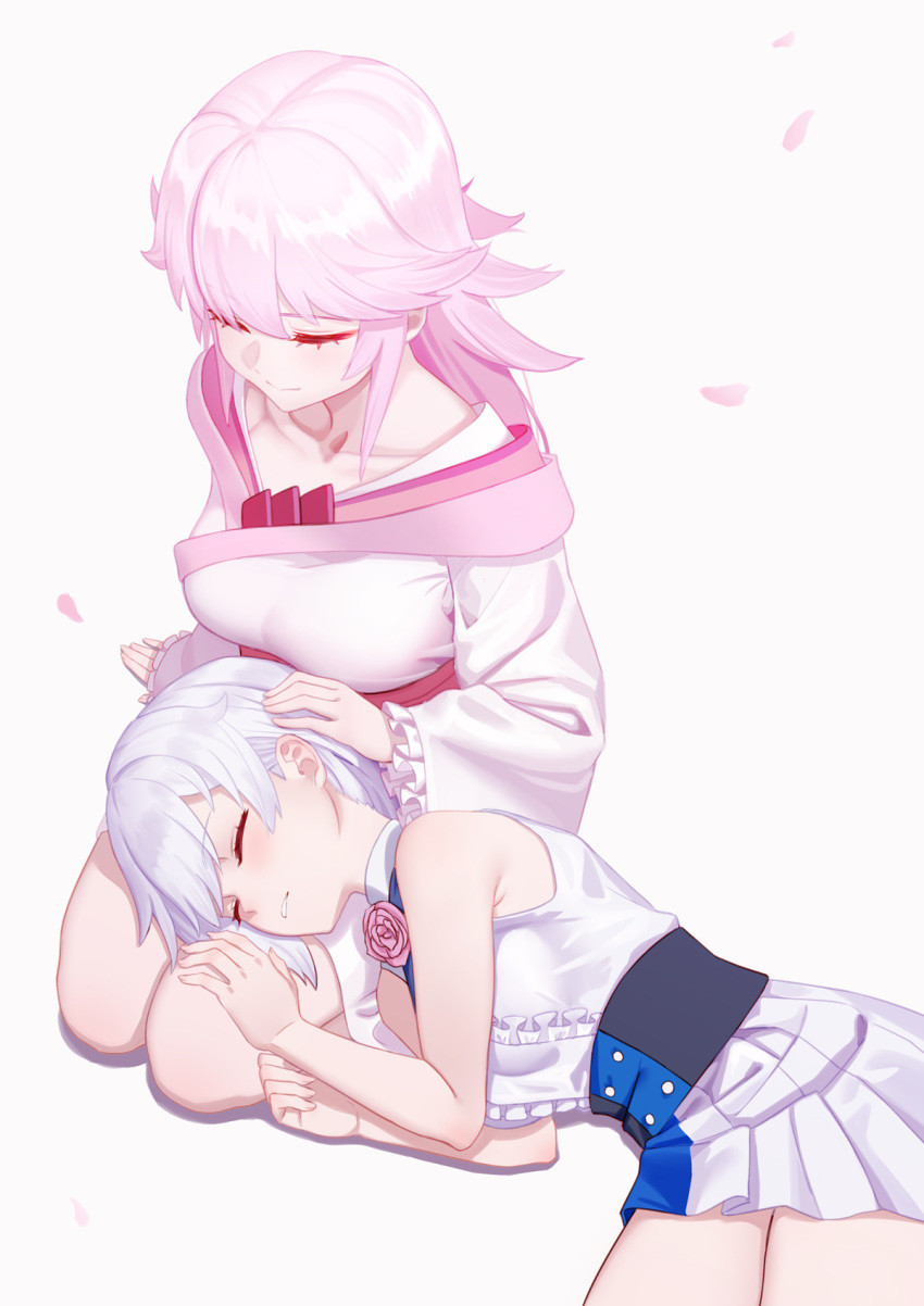 2girls arm_support blush closed_eyes commentary_request flower freze frilled_sleeves frills from_above hair_flaps hand_on_another's_head highres honkai_(series) honkai_impact_3rd kallen_kaslana lap_pillow long_hair long_sleeves lying multiple_girls on_side petals petting pink_flower pink_hair pink_rose pleated_skirt rose rose_petals seiza shirt short_hair silver_hair sitting skirt sleeping sleeping_on_person sleeveless sleeveless_shirt smile white_skirt yae_sakura younger yuri
