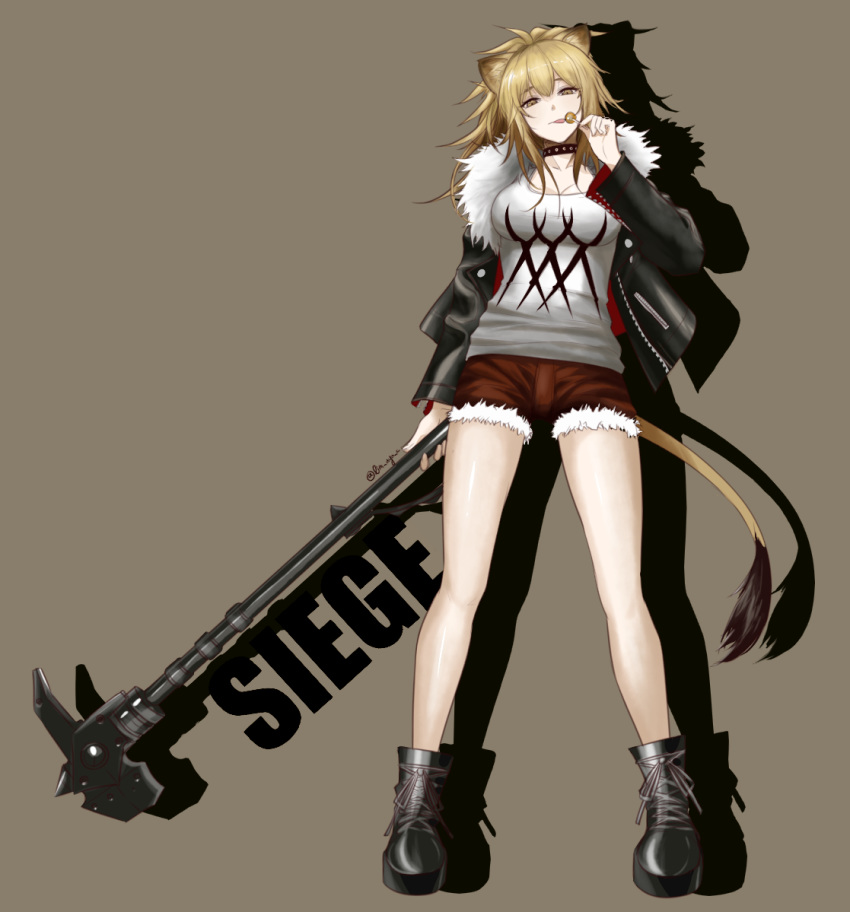 1girl :p animal_ears arknights bangs bare_legs black_footwear black_jacket blonde_hair boots brown_eyes brown_shorts candy character_name commentary drop_shadow food grey_background hand_up holding holding_food holding_hammer holding_weapon jacket lim_aya_w lion_ears lion_tail lollipop long_hair long_sleeves looking_at_viewer shirt short_shorts shorts siege_(arknights) simple_background solo t-shirt tail thighs tongue tongue_out weapon white_shirt