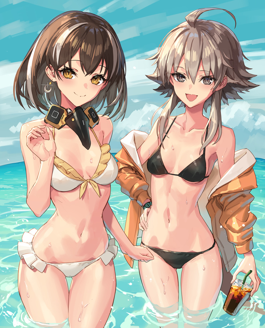 2girls :d ahoge arknights bangs bare_arms bare_shoulders bikini black_bikini black_hair blue_sky breasts clouds collarbone commentary_request cowboy_shot cup day disposable_cup drinking_straw front-tie_bikini front-tie_top grey_eyes grey_hair highres holding holding_cup jacket looking_at_viewer magallan_(arknights) mayer_(arknights) medium_breasts multicolored_hair multiple_girls navel off_shoulder open_clothes open_jacket open_mouth orange_jacket outdoors short_hair short_hair_with_long_locks sigm@ sky smile standing stomach streaked_hair swimsuit thighs wading water white_bikini white_hair yellow_eyes