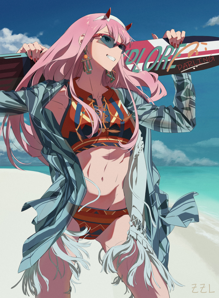 1girl abs absurdres alternate_costume beach bikini darling_in_the_franxx floating_clothes floating_hair highres holding_surfboard horns long_hair looking_to_the_side oni_horns pink_hair solo sunglasses surfboard zero_two_(darling_in_the_franxx) zzl