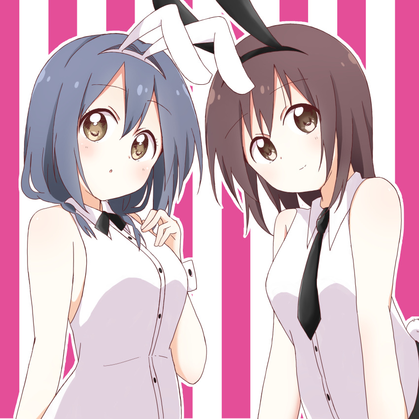 2girls absurdres animal_ears bangs black_neckwear blue_hair breasts brown_eyes brown_hair bunny_tail collared_shirt commentary_request dress_shirt eyebrows_visible_through_hair fake_animal_ears fake_tail funami_yui furutani_himawari hair_between_eyes highres light_blush long_hair looking_at_viewer looking_away medium_hair mesushio multiple_girls necktie outline pink_background rabbit_ears shirt sleeveless sleeveless_shirt smile standing striped striped_background tail upper_body vertical_stripes white_background white_outline white_shirt yellow_eyes yuru_yuri