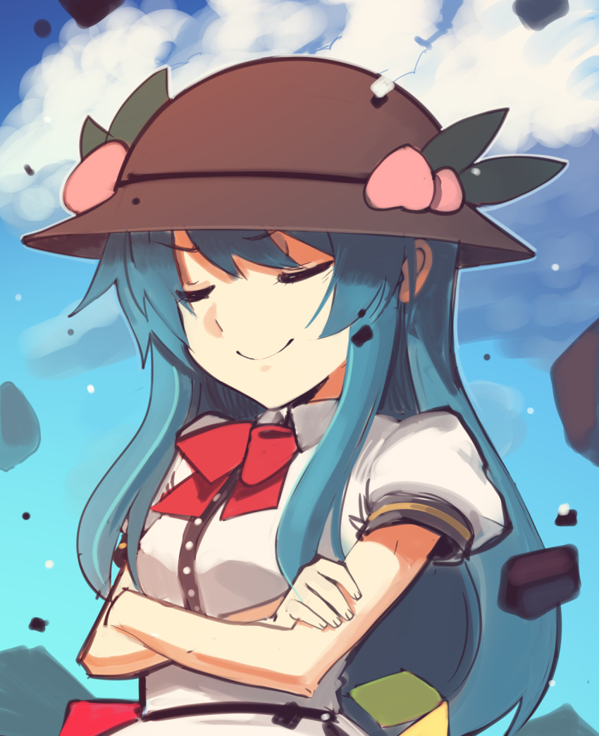 1girl blue_hair blue_sky boa_(brianoa) bucket_hat closed_eyes closed_mouth clouds collared_shirt crossed_arms debris food fruit hat highres hinanawi_tenshi long_hair neck_ribbon peach puffy_short_sleeves puffy_sleeves red_neckwear red_ribbon ribbon shirt short_sleeves sky smile smug solo touhou upper_body white_shirt wing_collar