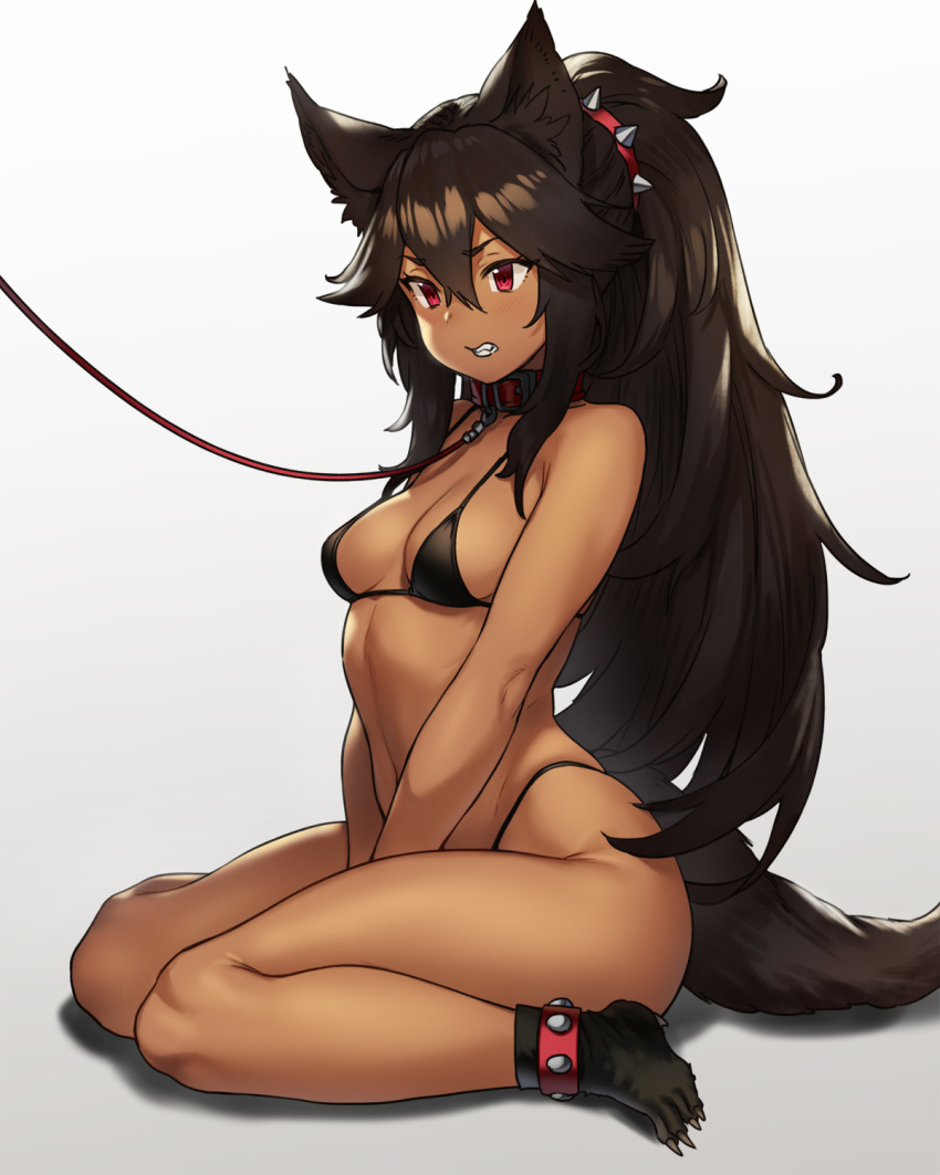 1girl animal_ear_fluff animal_ears bangs bare_arms bare_legs bare_shoulders barefoot between_legs bikini black_bikini black_hair breasts cerberus_(houtengeki) claws clenched_teeth collar commentary_request dark_skin dog_ears dog_tail eyebrows_visible_through_hair fang hair_between_eyes hand_between_legs highleg highleg_bikini highres houtengeki leash long_hair looking_away original paws ponytail red_eyes simple_background sitting small_breasts solo string_bikini swimsuit tail teeth v_arms very_long_hair wariza white_background