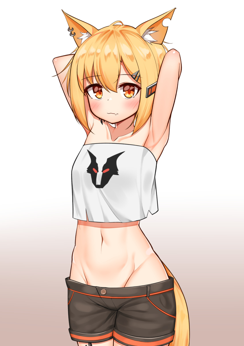 1girl animal_ear_fluff animal_ears arknights armpits arms_behind_head arms_up bangs bare_shoulders black_shorts blonde_hair blush collarbone commentary cowboy_shot crop_top crop_top_overhang deaver eyebrows_visible_through_hair fox_ears fox_tail gradient gradient_background grey_background groin hair_between_eyes highres looking_at_viewer midriff navel short_hair shorts solo standing stomach strapless tail tubetop vermeil_(arknights) white_background yellow_eyes