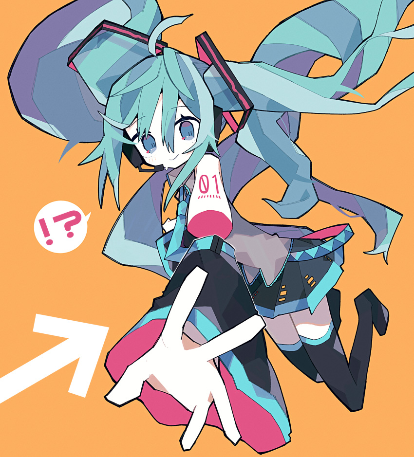 !? 1girl absurdres arrow_(symbol) blue_eyes blue_hair boots detached_arm detached_sleeves falling floating_hair hatsune_miku highres mamimu_(ko_cha_22) outstretched_arm thigh-highs thigh_boots twintails v vocaloid