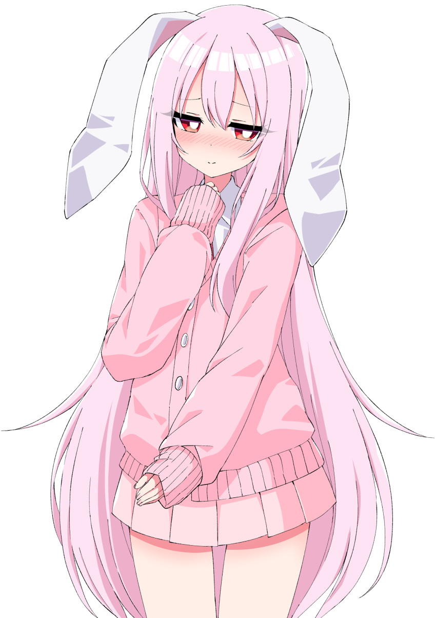 1girl absurdres alternate_costume animal_ears arm_up bangs blush bright_pupils cardigan commentary_request cowboy_shot half-closed_eyes head_tilt highres light_smile long_hair looking_at_viewer parted_bangs pink_cardigan pink_hair pink_skirt pleated_skirt rabbit_ears red_eyes reisen_udongein_inaba shirt simple_background skirt sleeves_past_wrists solo standing touhou tsukimirin very_long_hair white_background white_pupils white_shirt