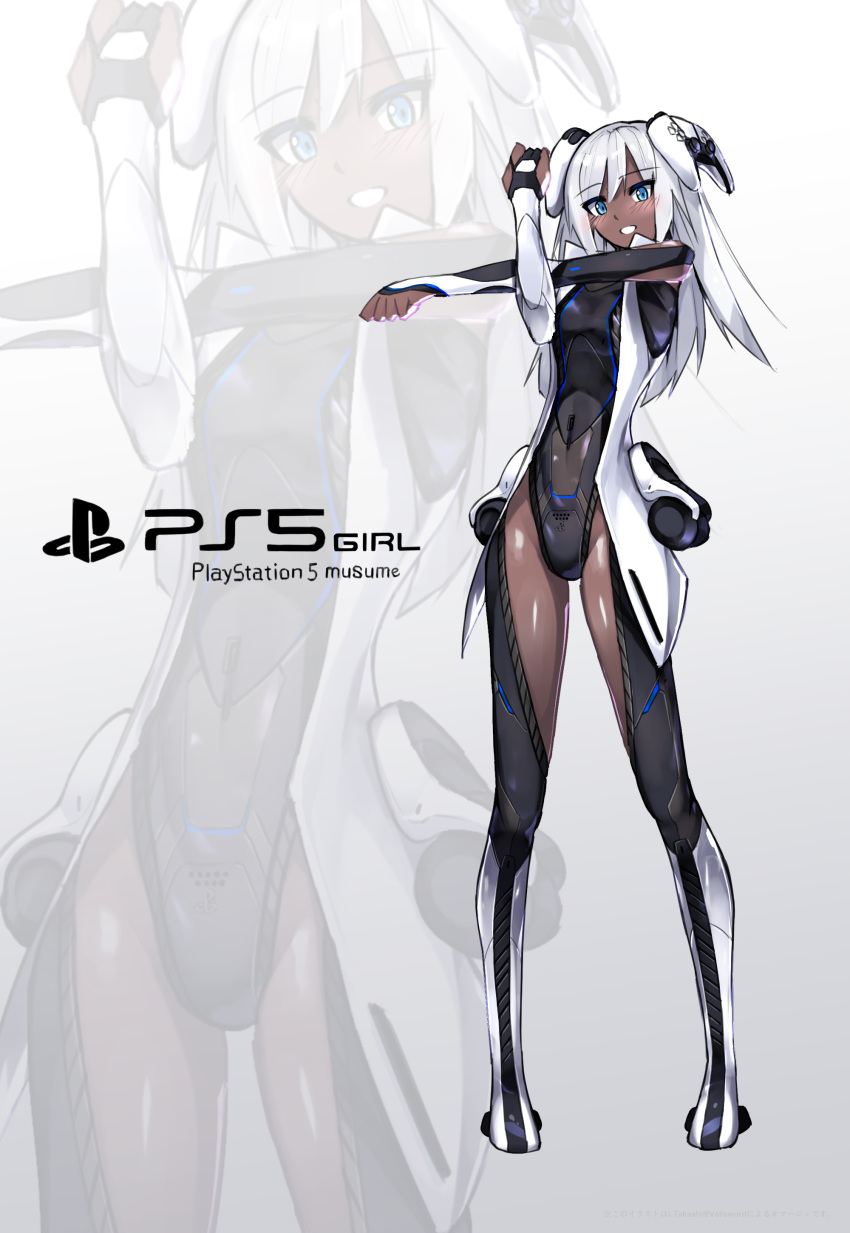 1girl absurdres bangs blue_eyes character_name covered_navel crossed_arms dark_skin eyebrows_visible_through_hair highres i.takashi jacket leotard mecha_musume personification playstation_5 playstation_controller skin_tight smile solo sony white_hair zoom_layer