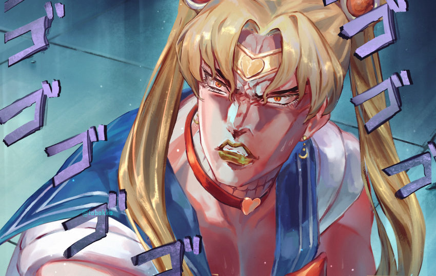 1boy bangs bishoujo_senshi_sailor_moon blonde_hair blue_sailor_collar choker circlet collarbone crescent crescent_earrings derivative_work dio_brando earrings english_commentary hair_over_shoulder headband heart heart_choker highres jewelry jojo_no_kimyou_na_bouken lipstick long_hair makeup male_focus menacing_(jojo) mr.holmes muscle neck_scar parody red_choker red_eyes sailor_collar sailor_moon sailor_moon_redraw_challenge sailor_senshi_uniform scar screencap_redraw solo stardust_crusaders twintails upper_body vampire