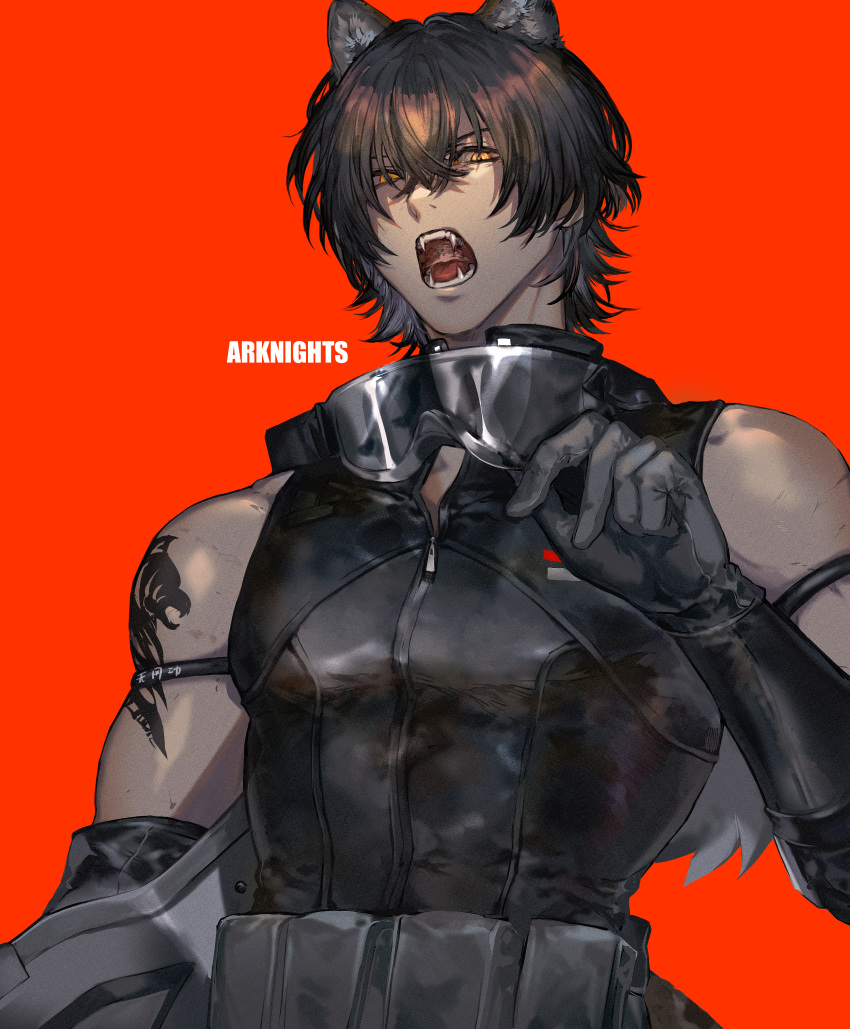 1boy absurdres animal_ears arknights armband black_hair broca_(arknights) cat_ears chainsaw fang fang_out fangs gloves highres huge_filesize irorigumi jacket leather leather_gloves leather_jacket load_bearing_vest open_mouth red_background safety_glasses short_hair sleeveless sleeveless_jacket slit_pupils tattoo yellow_eyes