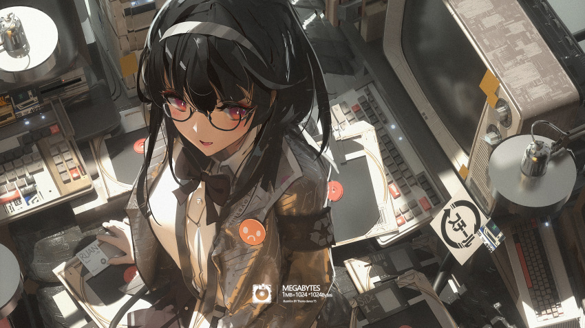 1girl armband black_bow black_hair blush bow desk_lamp english_text floppy_disk glasses hairband highres ibara_dance jacket keyboard_(computer) lamp long_hair looking_at_viewer open_clothes open_jacket open_mouth original red_eyes science_fiction semi-rimless_eyewear sitting solo television white_legwear