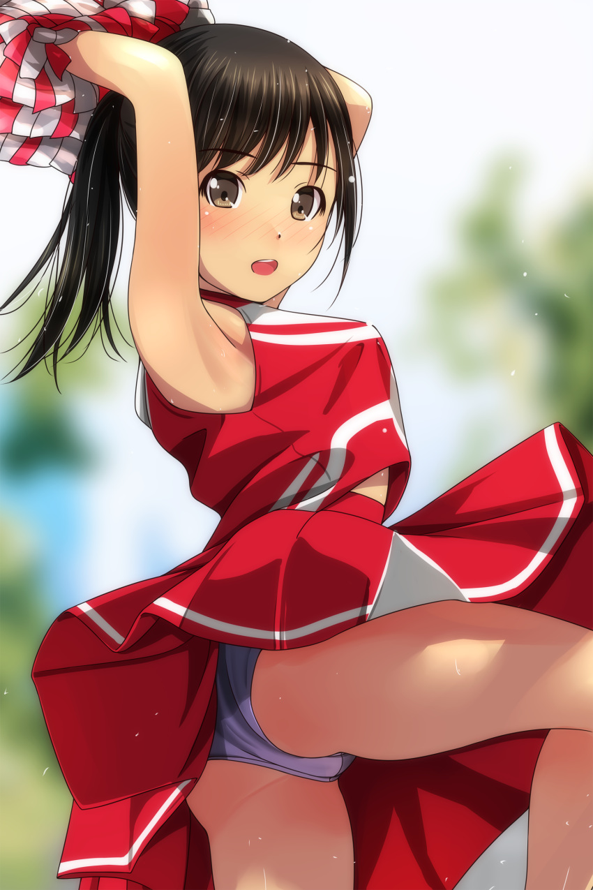 1girl absurdres armpits arms_up bangs bare_arms bare_shoulders black_hair blurry blurry_background blush breasts brown_eyes cheerleader day depth_of_field eyebrows_visible_through_hair highres long_hair looking_at_viewer matsunaga_kouyou nose_blush open_mouth original outdoors panties pleated_skirt pom_poms ponytail red_shirt red_skirt shirt skirt sleeveless sleeveless_shirt small_breasts solo standing standing_on_one_leg underwear upper_teeth white_panties