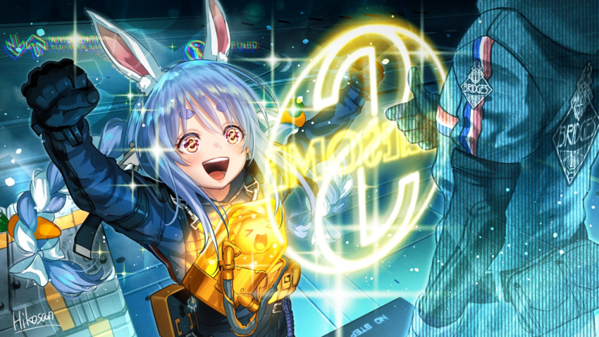 1boy 1girl animal_ears arms_up artist_name bangs blue_bodysuit blue_hair bodysuit braid bunny_girl carrot clenched_hands commentary_request container cosplay death_stranding eyebrows_visible_through_hair finger_gun hair_between_eyes highres hikosan20216917 hologram hololive long_hair multicolored_hair open_mouth rabbit_ears rigging sam_porter_bridges sam_porter_bridges_(cosplay) sidelocks sparkle thick_eyebrows twin_braids two-tone_hair usada_pekora white_hair