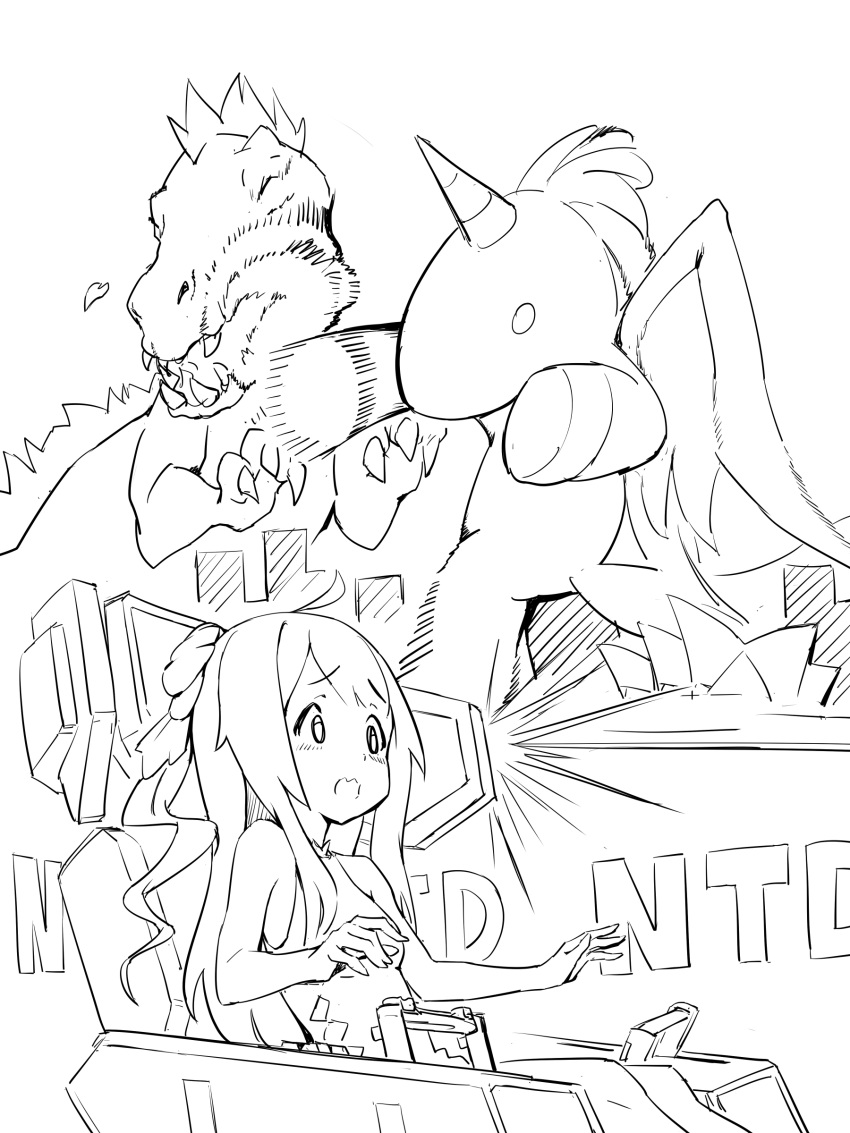 1girl absurdres ahoge alicorn amigo_(hua_cao) armchair azur_lane battle blush building chair cockpit commentary_request fighting gundam gundam_unicorn hair_bun highres kaijuu lineart long_hair monochrome nt-d one_side_up open_mouth parody punching sharp_teeth side_bun skyscraper solo surprised sydney_opera_house teeth tyrannosaurus_rex unicorn_(azur_lane)