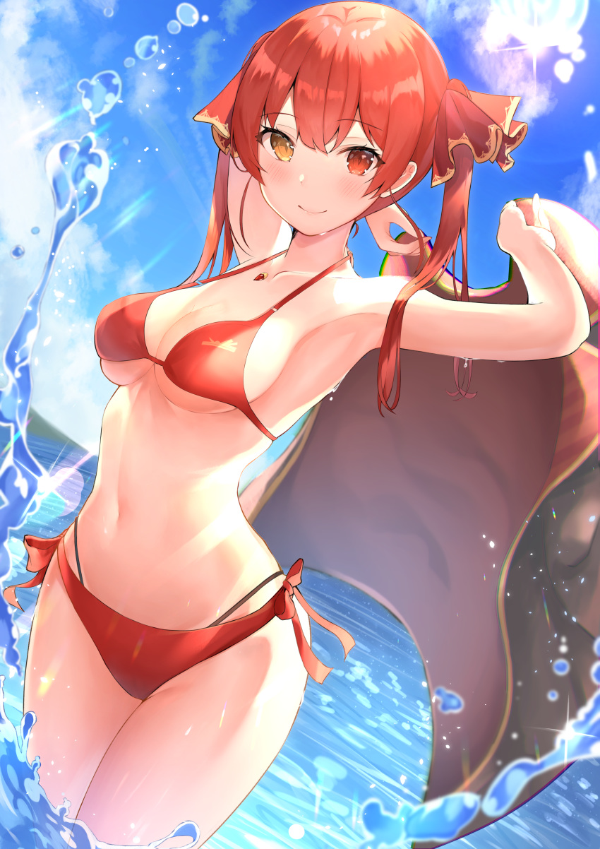 1girl absurdres bikini blue_sky blush breasts closed_mouth clouds commentary_request day eyebrows_visible_through_hair hair_ribbon heterochromia highres hololive houshou_marine huge_filesize long_hair looking_at_viewer medium_breasts navel ocean red_bikini red_eyes red_ribbon ribbon shiina_aoi sky smile solo sun swimsuit twintails virtual_youtuber water yellow_eyes