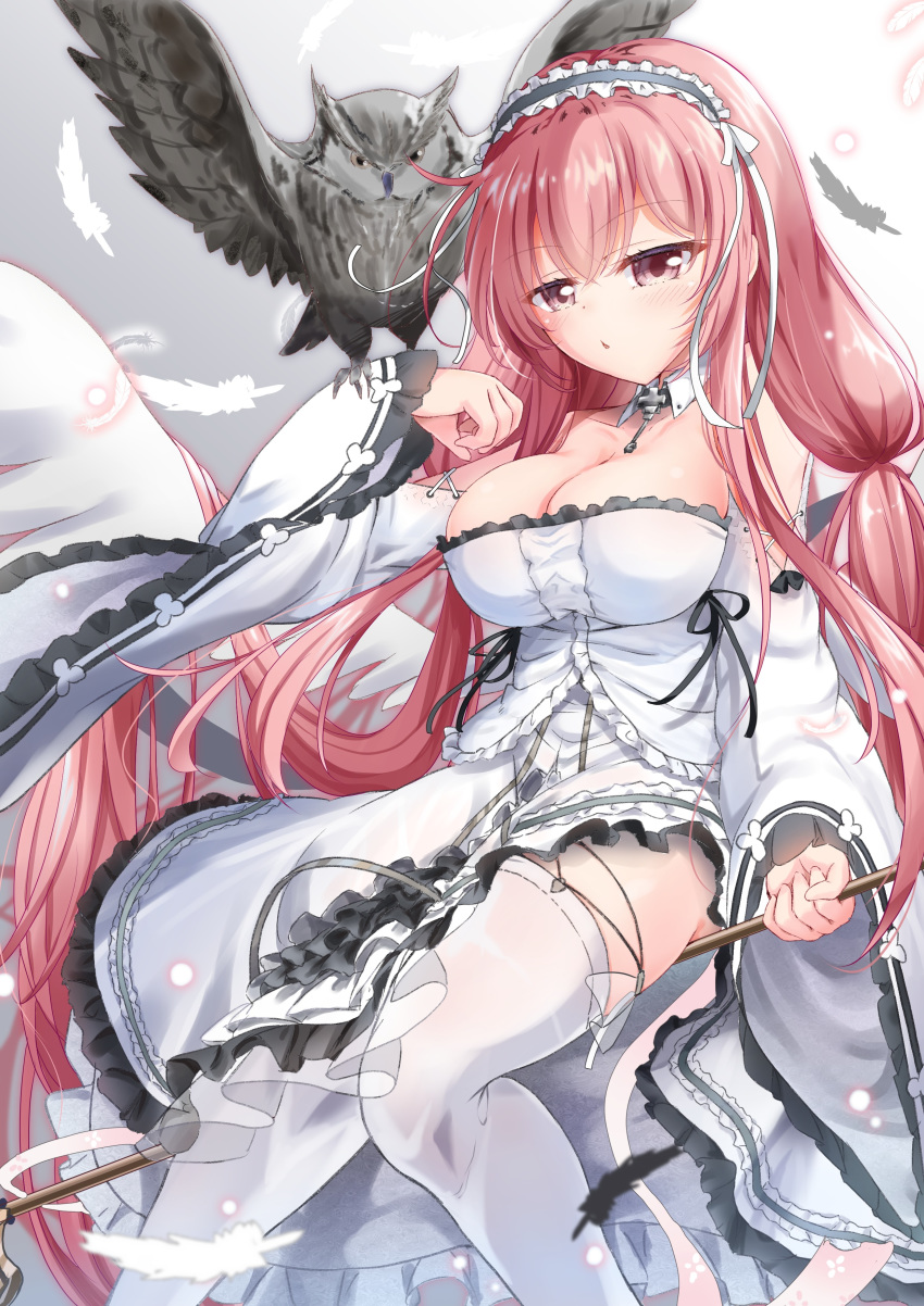 1girl absurdres azur_lane bare_shoulders bird black_hairband breasts collar detached_collar detached_sleeves dress eyebrows_visible_through_hair feathers frilled_dress frills hair_ornament hairband highres large_breasts long_hair mikage_(shibi) owl perseus_(azur_lane) pink_eyes pink_hair solo strapless strapless_dress thigh-highs very_long_hair white_collar white_dress white_legwear white_sleeves wide_sleeves