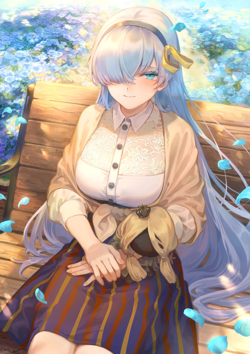 1girl anastasia_(fate/grand_order) bangs beige_jacket blue_eyes blush breasts buttons closed_mouth contemporary doll fate/grand_order fate_(series) hair_over_one_eye hairband highres large_breasts long_hair looking_at_viewer mashuu_(neko_no_oyashiro) shirt silver_hair sitting skirt smile striped striped_skirt very_long_hair white_shirt